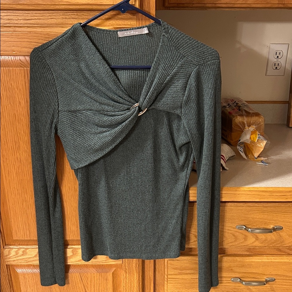 Chic Forest Green Ribbed Women's Blouse